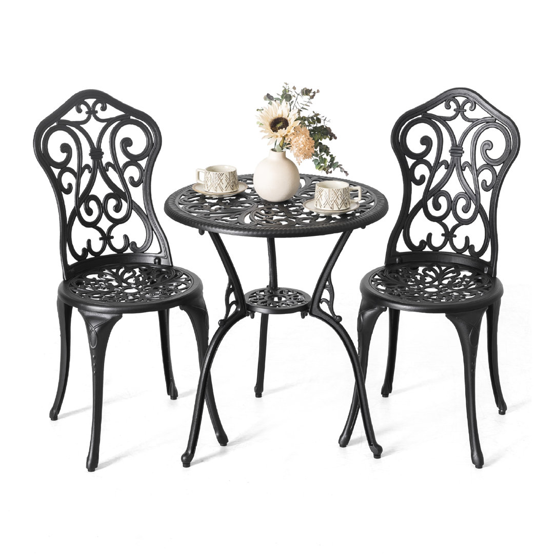 Outdoor 3 Pieces Patio Bistro Set with 2 Chairs, Round Table with Umbrella Hole, All-Weather Outdoor Patio Bistro Set for Garden, Black (Set of 3) Astoria Grand