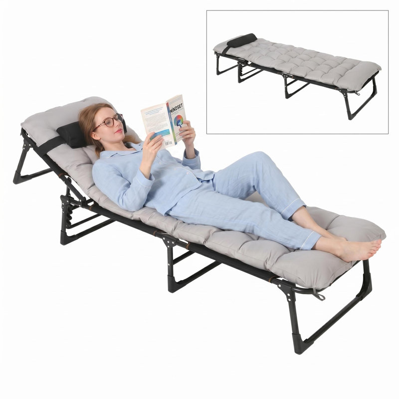Lit de camp pliable pour adultes avec matelas, lit de camp pliant robuste avec oreiller réglable à 5 angles pour le soutien de bureau de randonnée 400 lb, gris