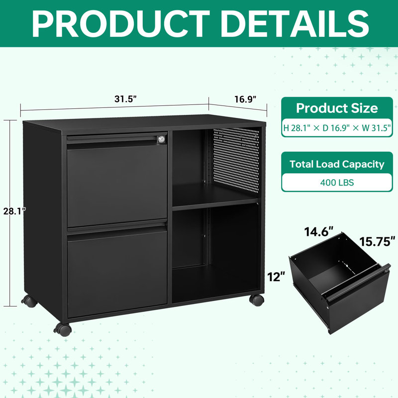 Keydy 31.5'' Wide 2 -Drawer Mobile Steel File Cabinet, Black