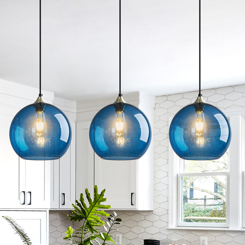 Charolyn 3 - Light Single Pendant Light Globe Pendant Light Fixtures Glass Pendant Lights Kitchen Island Lighting, Blue