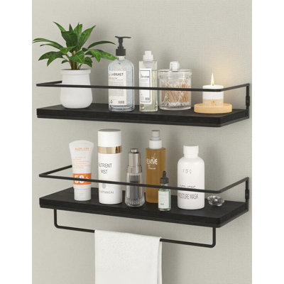 Floating Shelves Set Of 2 With Metal Frame And Towel Rack, Wall Mounted Storage Shelves For Bathroom, Bedroom, Living Room, Kitchen, Office
