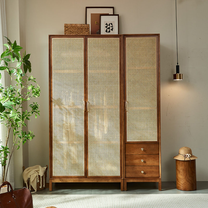 Rattan Woven Simple Wardrobe, Walnut