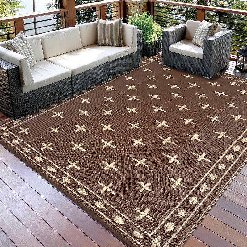 8' x 10' Waterproof Reversible Outdoor Rug, Plastic Straw Weave, Lightweight and Easy-Clean Patio Mat for Deck, Backyard, Camping or RV Use, Brown Coffee