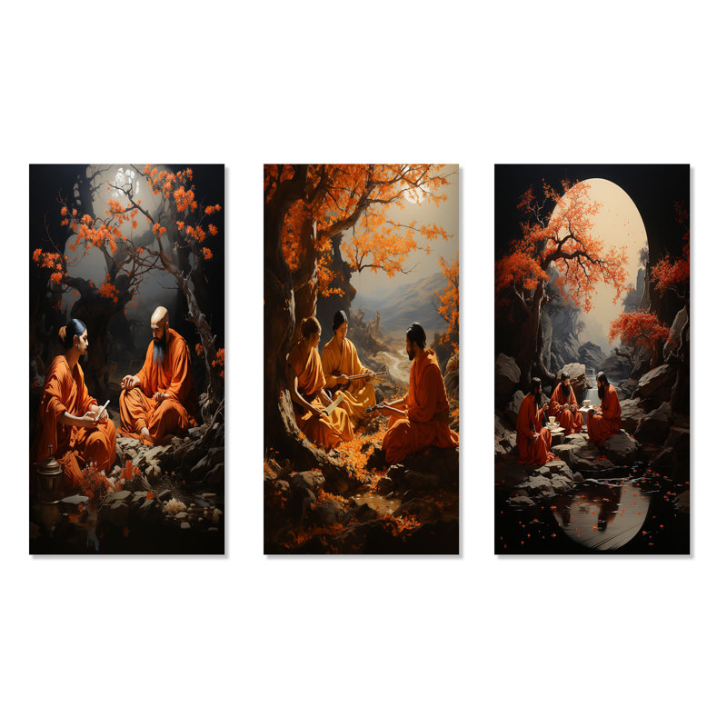 L'hindouisme Upanishads Wisdom Walnut - ensemble de 3 reproductions d'art en métal de l'hindouisme, H 32 po x l 48 po