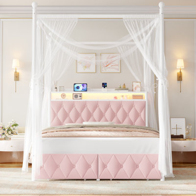 LED Canopy Bed Frame With USB Charging Ports, Modern Storage Bed, Metal Bed Frame With 2-Tier Shelves, Hidden Storage, Convertible Canopy To Platform Bed Frame
