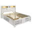 Luxe, lit double, finition en bois blanc, tête de lit en marbre, rangement de tiroir, lit contemporain élégant avec cadre audio avec éclairage, tête de lit, tiroirs de rangement et option technique