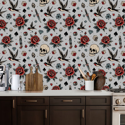 Peel and Stick Wallpaper horror tattoo skull halloween Contact Paper Removable Self Adhesive Wall Mural Wall Decor for Bedroom Kitchen Cabinets 17.7in x 118in