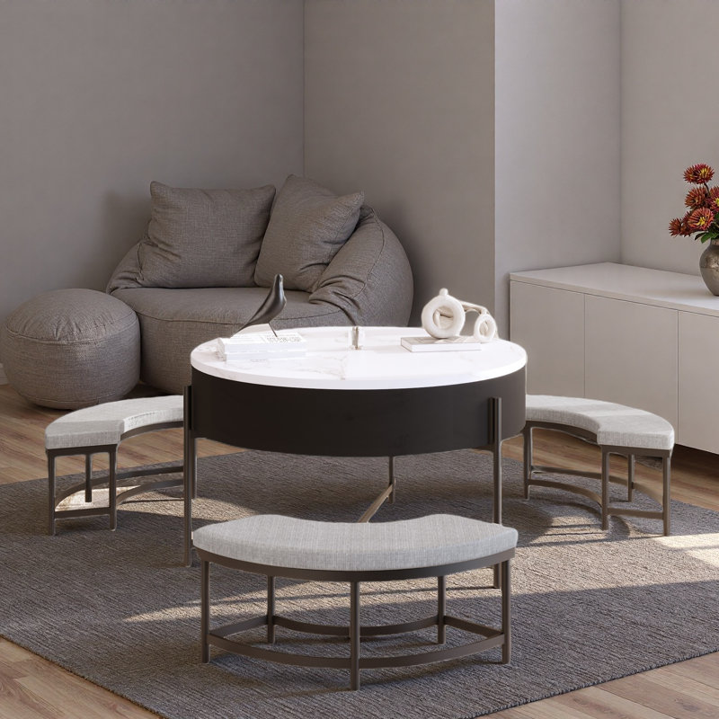 Table basse moderne à plateau relevable avec espace de rangement et 3 repose-pieds, Noir