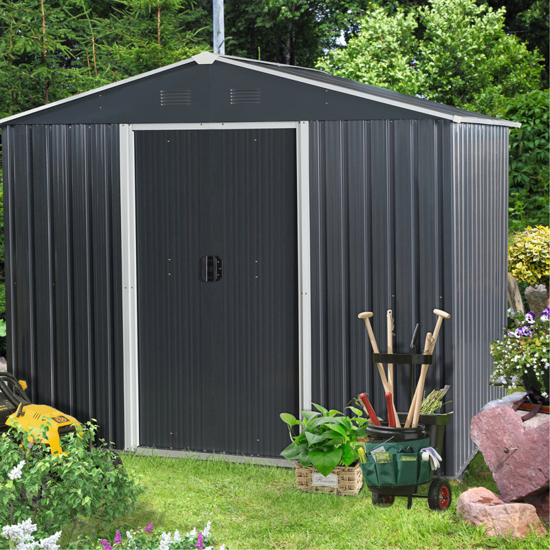 8ft X 6ft Metal Storage Shed In Black, Galvanized Iron Construction For Longevity, Punched Vents, Sliding Door With Padlock, Easy Assembly Process Build Strength, Air Method