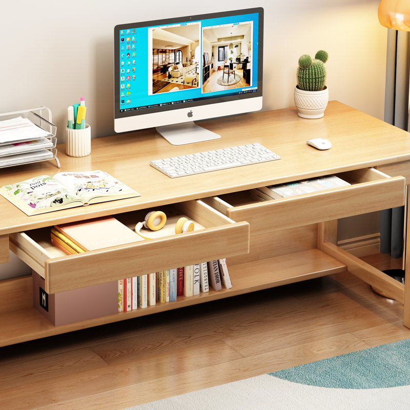 Solid Wood Kids Writing Desk Rectangular Learning Computer Table with 2 Chairs, Beige