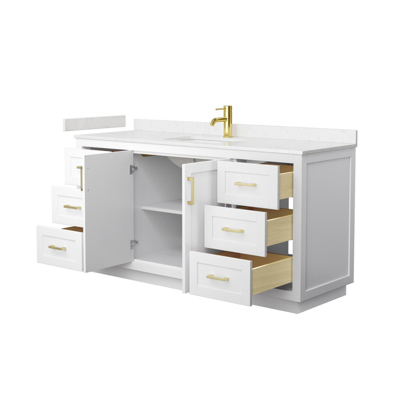Miranda 66" Freestanding Single Bathroom Vanity with Cultured Marble Top, Gold, White, Carrara Cultured Marble