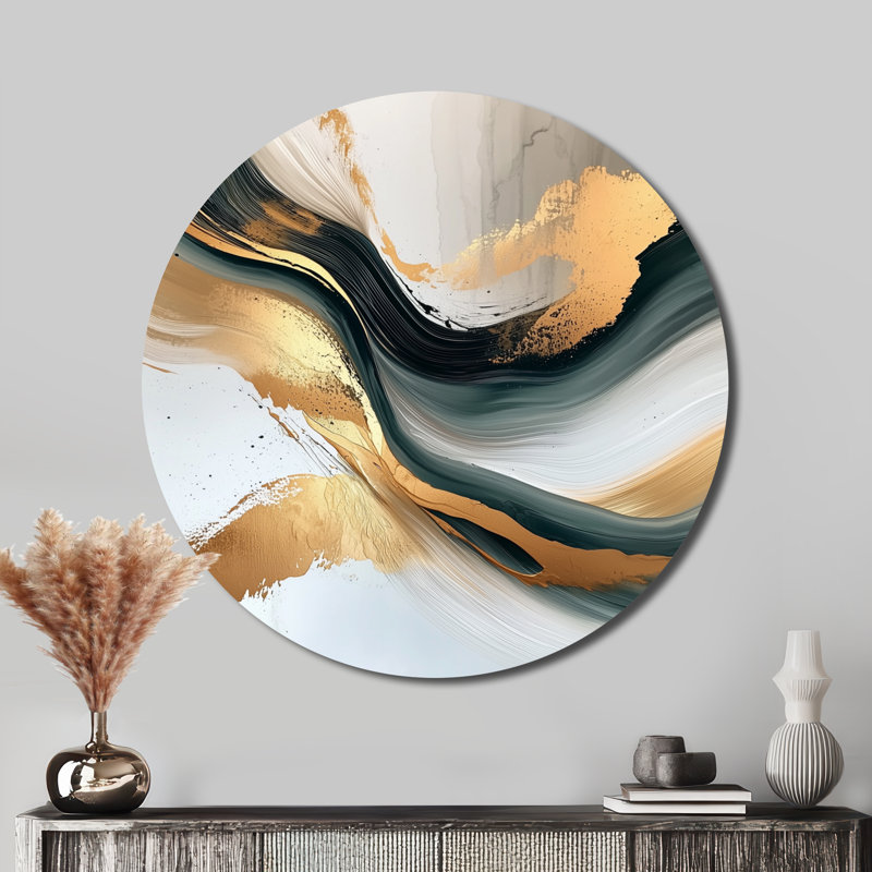 «Silice Melody of Golden Hard Edge Ink I», art mural rond en métal, H 36 po x l 36 po