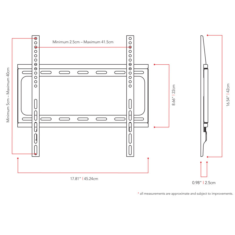Support mural plat noir pouvant supporter jusqu'à 66 lb
