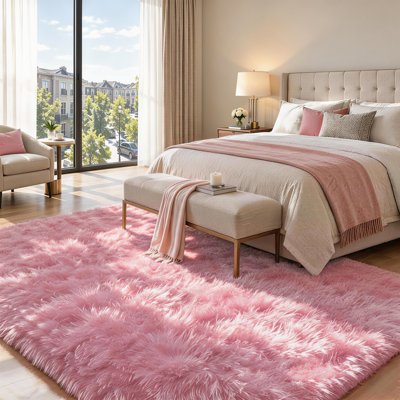 Tapis doux moelleux lavable à poils longs rose, tapis moelleux et pelucheux pour le salon, la chambre de bébé et la salle de jeux