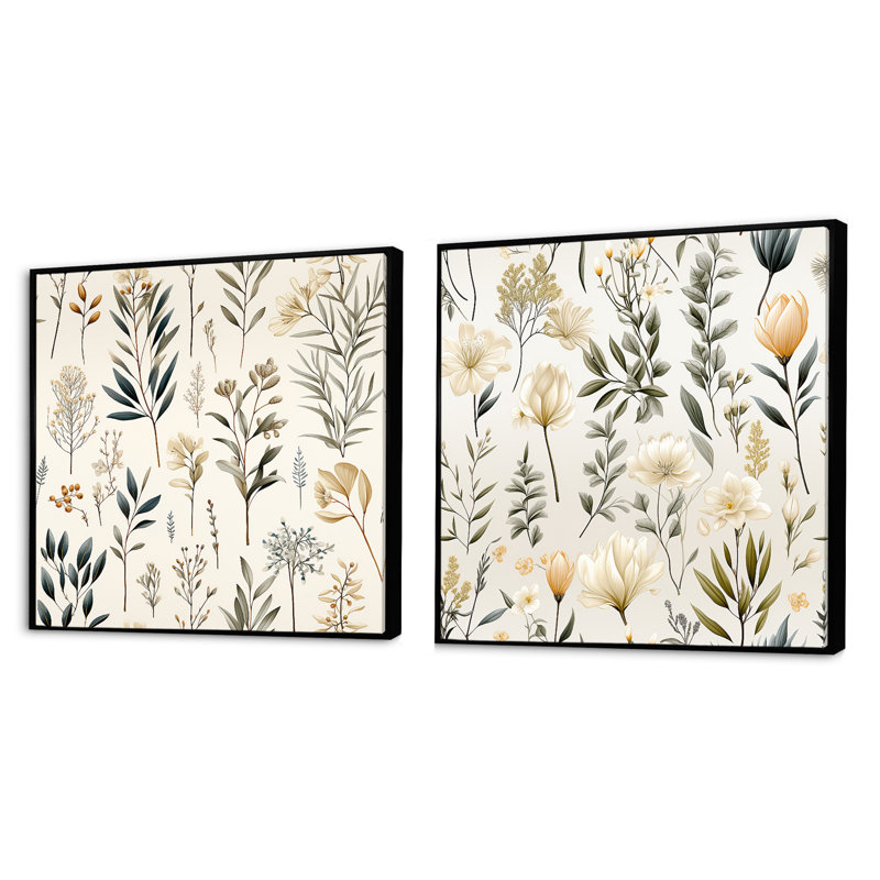 Wincanton - Ensemble de 2 collages carrés floral et botanique, Cadre flottant noir, H 36 po x l 73 po