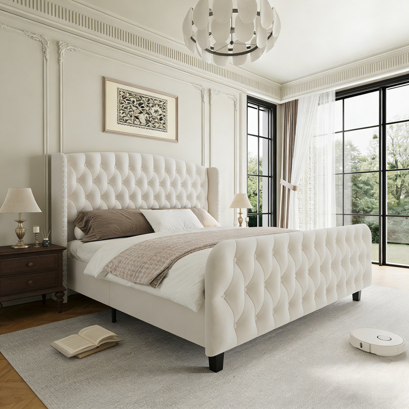 Modern King Size Bed Frame with 51'' Tall Wingback Headboard, Deep Button Tufted Soft Fabric Upholstered Bed, Noise-Free Wood Slats, No Box Spring Needed, White