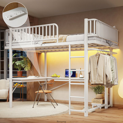 Queen Loft Bed with L-Shaped Desk, LED Strip, Charging Station, Computer Tray & Hanging Area, White, Teen Multi-Function Loft Bed
