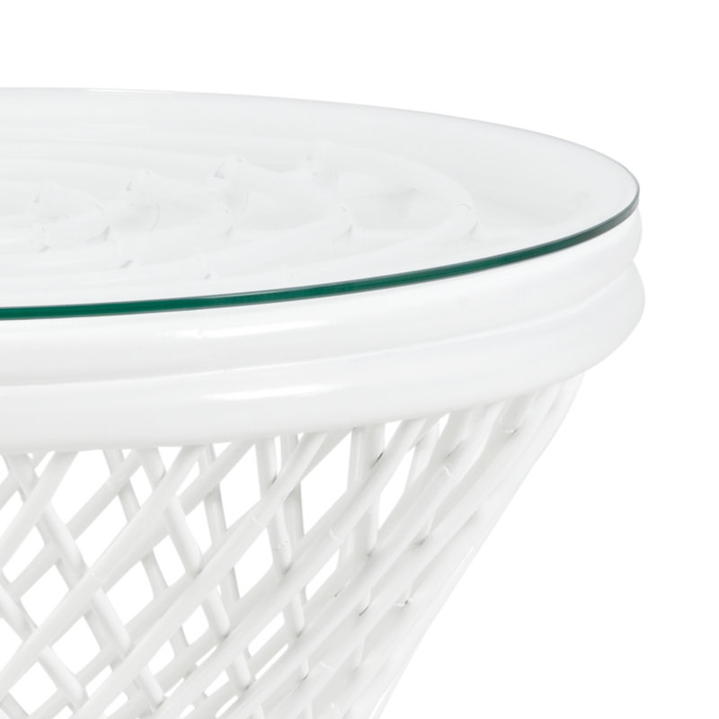 White Rattan and Glass Round Side Table