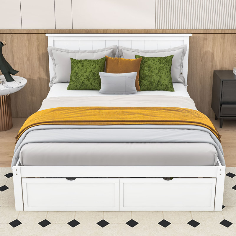 Lit plateforme double avec deux tiroirs de rangement, Blanc