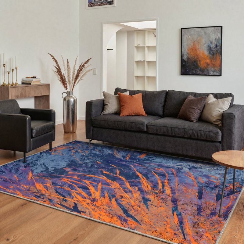 Tonicka Aura Modern Machine Washable Blue / Orange Indoor Area Rug with Non-Slip Backing, Round 5'