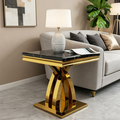 Table de bout noire et dorée avec base polie en forme de X