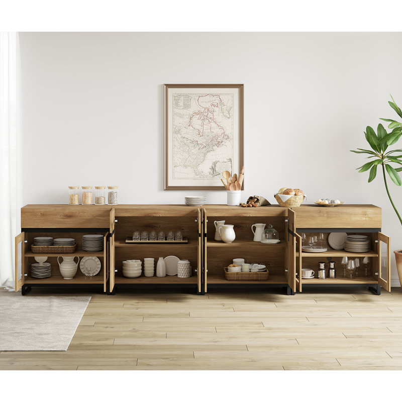 4 In 1 Sideboard Buffet Cabinets With Glass Doors And 2 Drawers, Modern Sideboard Credenza With Adjustable Shelf And Metal Base, Coffee Bar Cabinet Storage Cabinet For Living Room, Kitchen