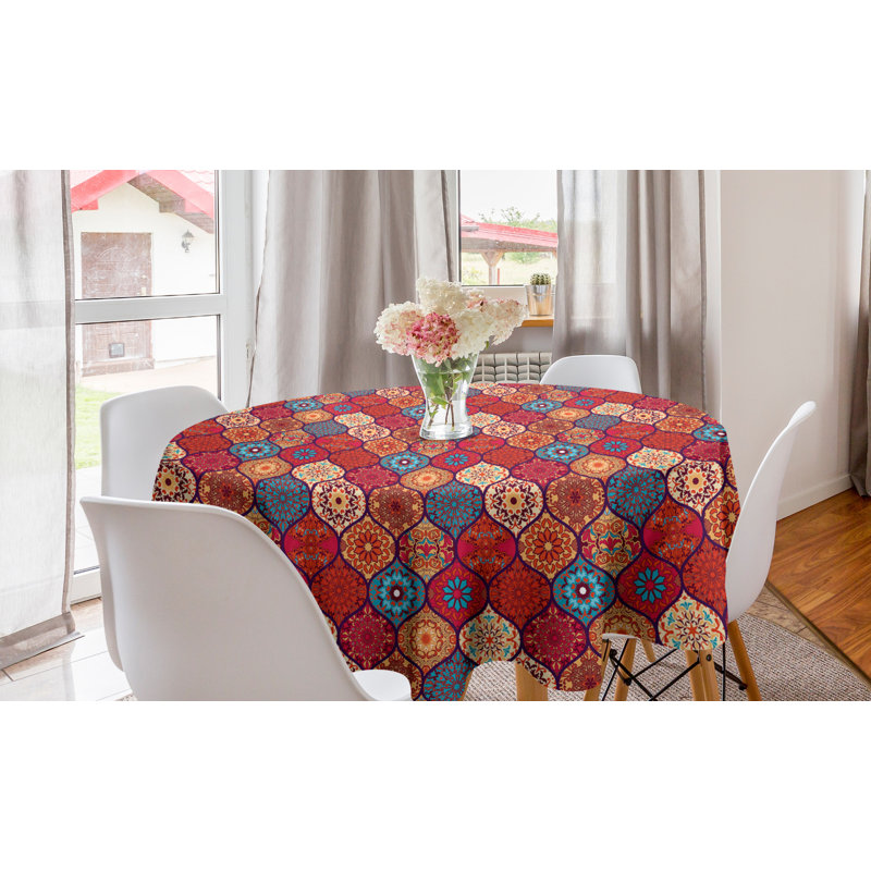 Moroccan Round Tablecloth, Oriental Wavy Curvy Pattern With Spring Nature Inspired Retro Style Art Motifs, Circle Table Cloth Cover For Dining Room Kitchen Decoration, 60", Multicolor