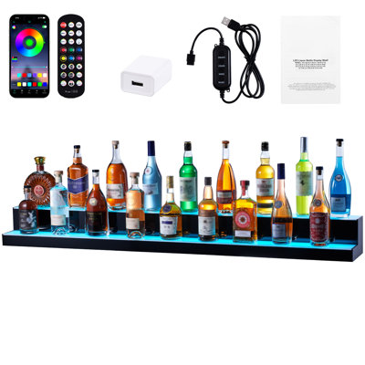 Tablette lumineuse 60 "à 2 marches pour afficher les bouteilles de boissons alcoolisées, les radiofréquences et le contrôle, 60 lumières de lampe superbes, 7 effets de couleurs statiques et 22 dynamiques, plusieurs modes de bricolage, 1 minuterie de 4 heures, deux alimentations