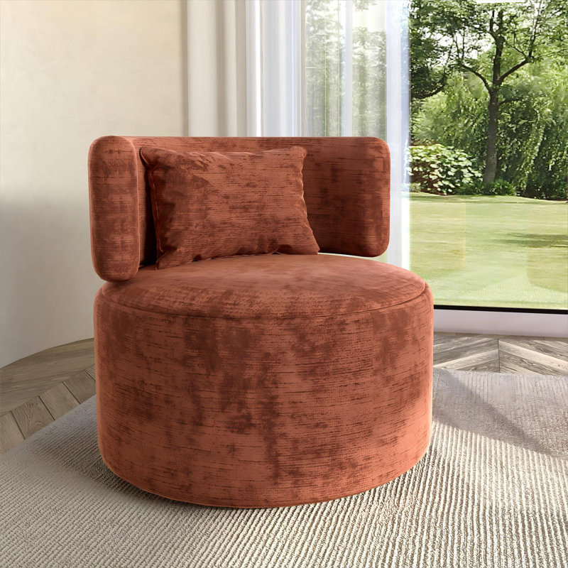 Swivel Accent Chair with Throw Pillow, Rust Orange Velvet