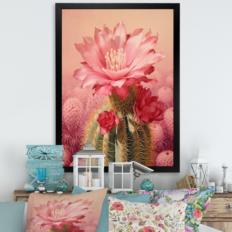 Cactus rose vert, collage minimal sur toile, H 32 po x l 24 po x P 1 po, Cadre photo noir