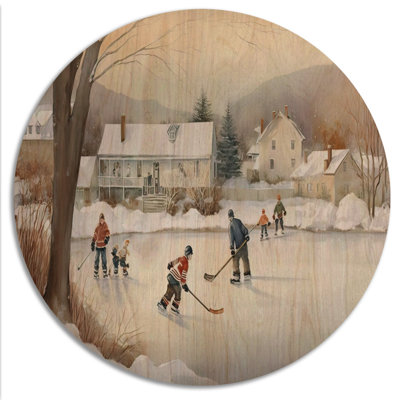 Enfants jouant au hockey en hiver V - Art mural moderne en bois - bois de pin naturel