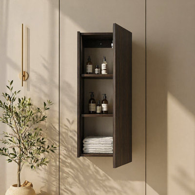 Armoire murale 12 po avec porte à fermeture douce, finition chêne foncé, rangement compact pour salle de bain avec tablette interne pour petits espaces