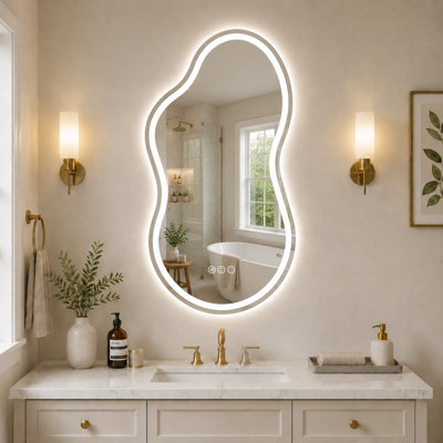 Miroir mural de salle de bain à DEL, miroir asymétrique et irrégulier, éclairage avant et arrière, antibuée