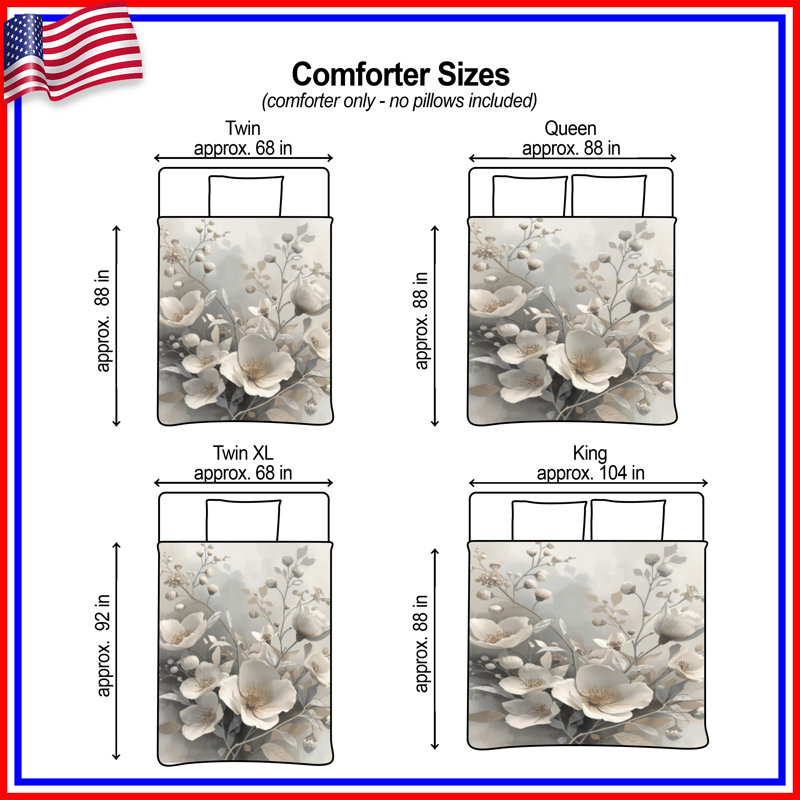 White Beige Flowers Comforter, Twin Extra Long