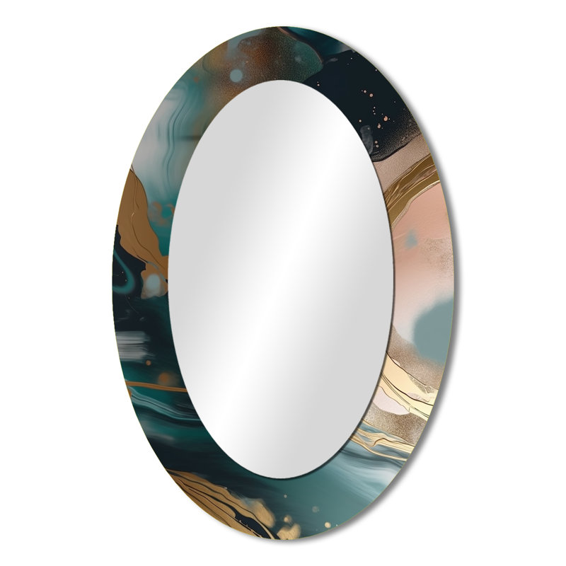 Gold And Green Abstract Marble Harmony Swirls I - Abstract Oval Decorative Mirror On Metal, 36" x 24"