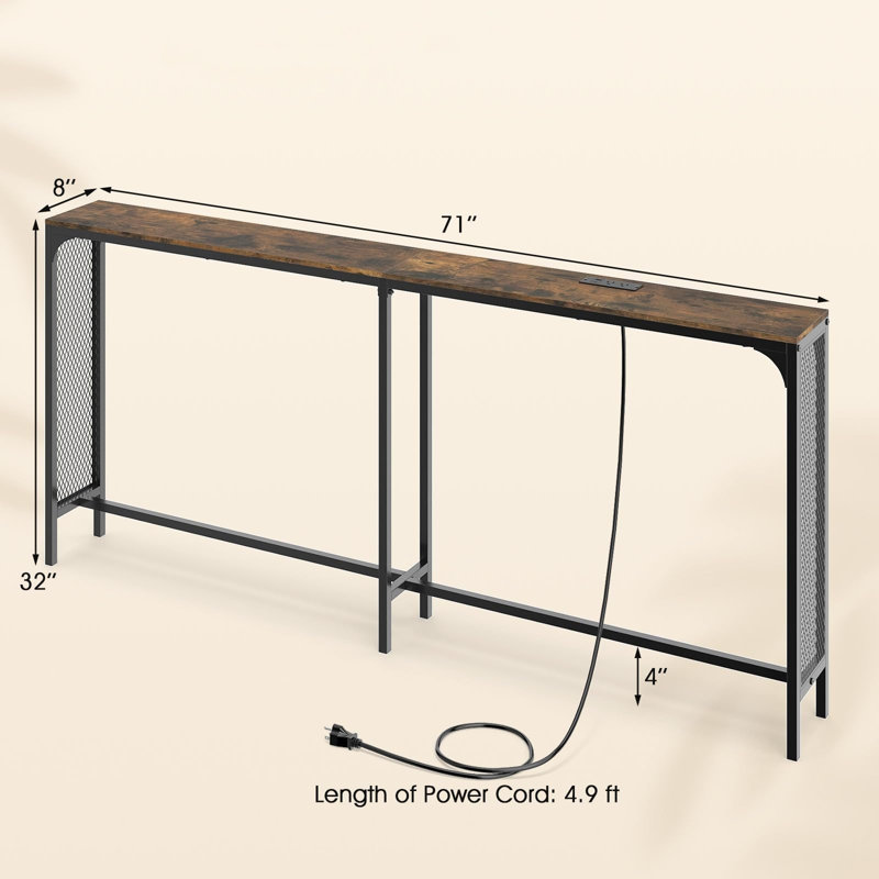 71" Narrow Console Table with Outlets & USB-C, Metal Frame, Rustic Brown