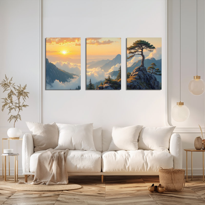 «Mountain Sunset Landscape», reproduction d'art sur toile tendue sur toile (ensemble de 3), H 30 po x l 60 po