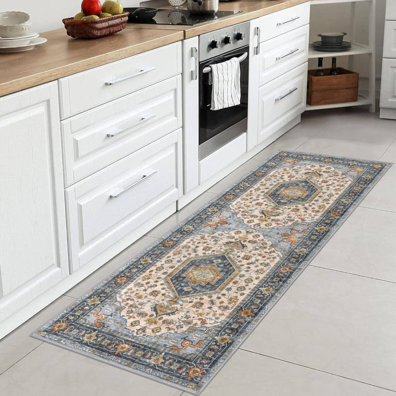 Boho Kitchen Rugs Non-Slip Washable Runner, Soft Runners for Hallways 24x72 Inch, Ivory/Blue