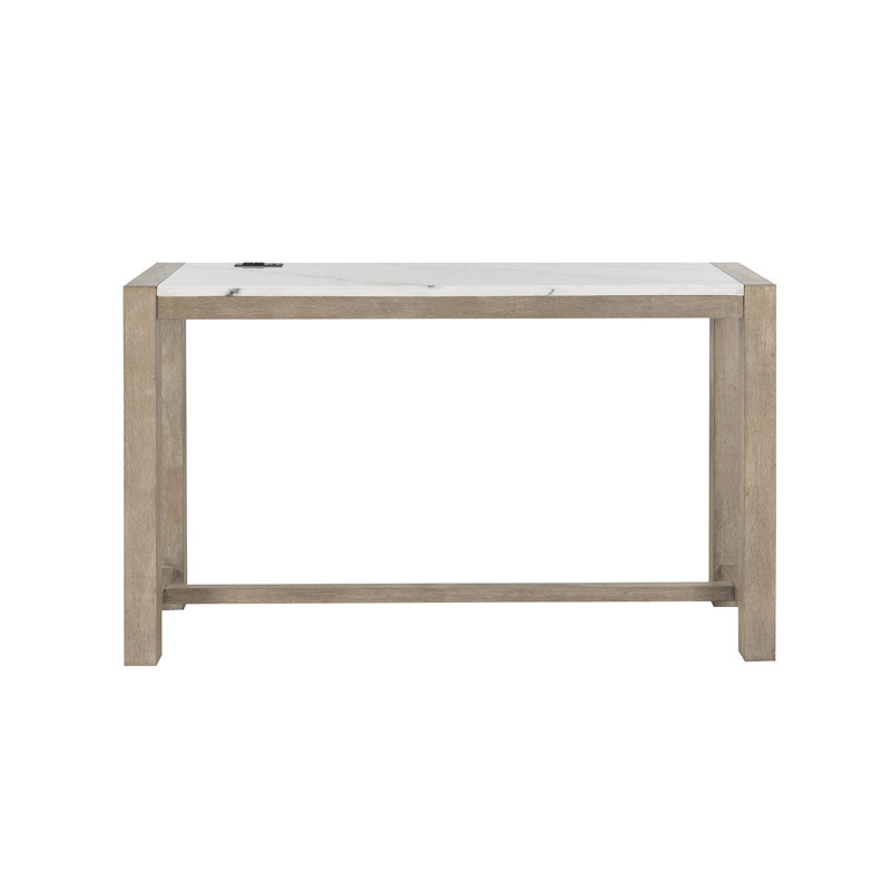 Natural Wood Console Table with Marble Top and Beige Stools
