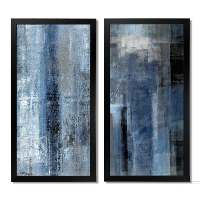 Art mural abstrait bleu gris, ensemble de 2 toiles - Le bleu rencontre l'art abstrait gris, H 20 po x l 24 po, Noir