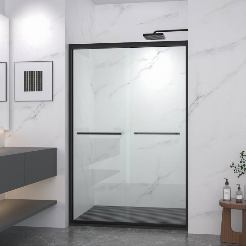 44 - 48" Adjustable Double Sliding Glass Shower Enclosure With Tempered Glass, Aluminum Frame, Handle As Towel Rail, Waterproof Design For Bathroom Width & Black Hardware, In