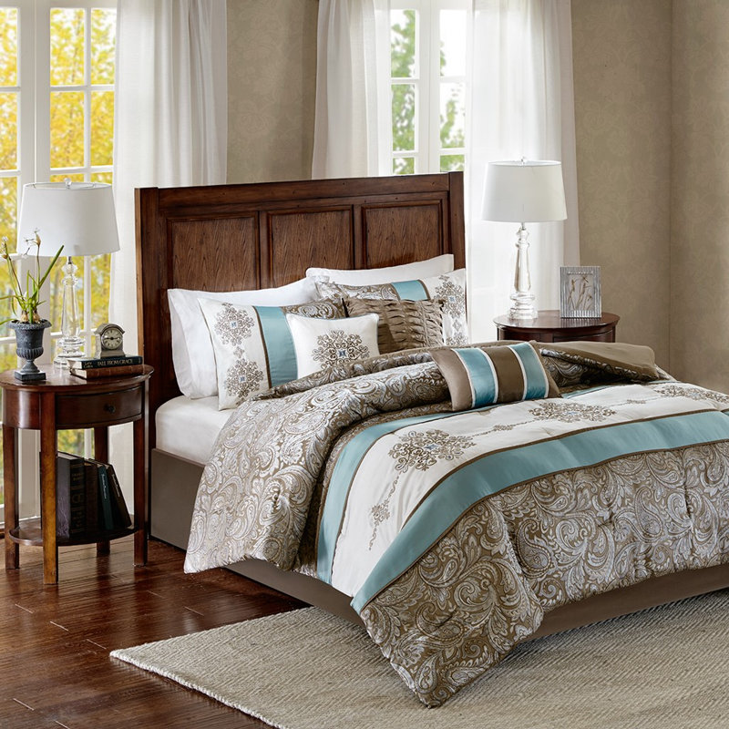 Ensemble d'édredon en jacquard à motif cachemire 7 pièces Garret, Édredon de très grande taille et 6 pièces suppl, Bleu