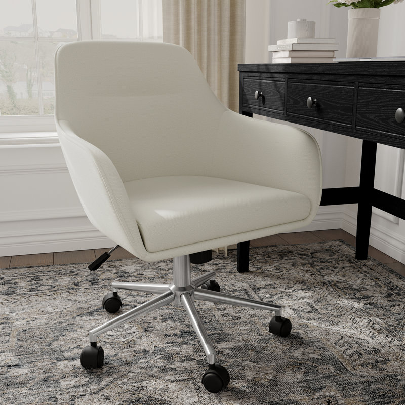 Martha Stewart Rayna Upholstered Swivel Home Office Chair with Flared Arms, White, Black, Boucle