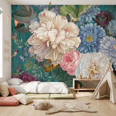 Vintage Wallpaper Floral Teal Background Removable Wall Decor