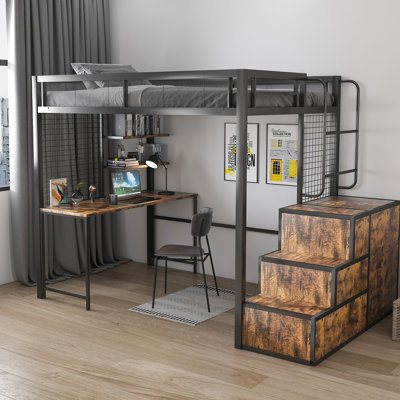 Lit mezzanine double Space avec style rustique et beaucoup de rangement pour une chambre à coucher confortable, bureau de charge spacieux, parfait pour jouer