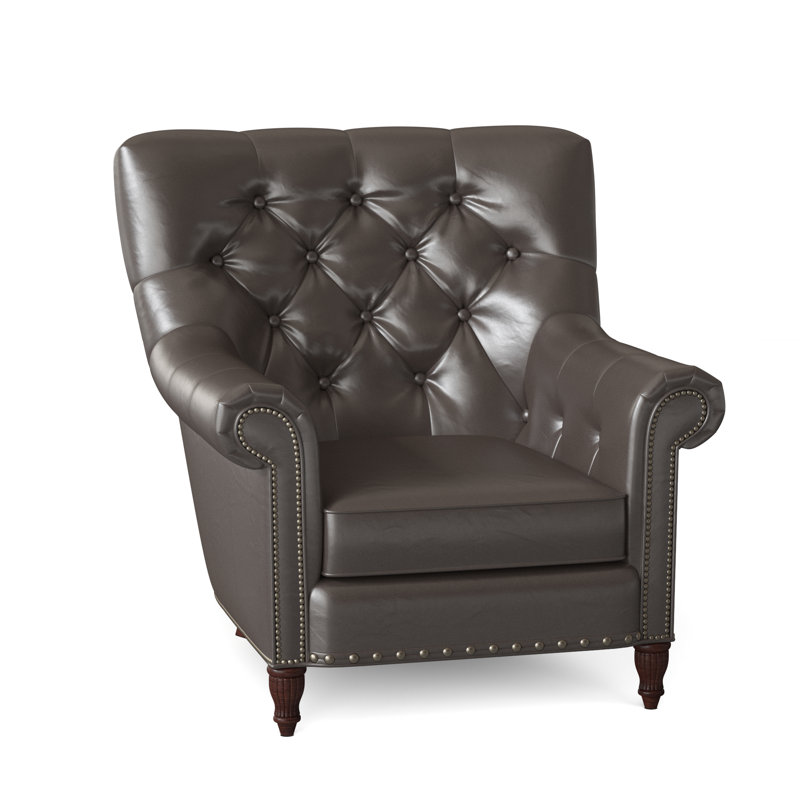Kirby Leather Club Chair, #9 & #54 Gunmetal, Aline Fumo Genuine Leather, Mahogany