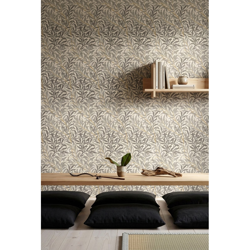Papier peint botanique à feuilles grises, Peler et coller