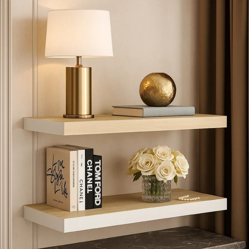 Hanging Wall Shelf Set Of 2, White And Brown Finish, 24 Inch