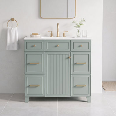 36" Solid Wood Freestanding Standard Bathroom Vanity, Green, with Ceramic Sink, Soft Close Doors, Adjustable Shelves, 4 Drawers & Double-Depth Hairdryer Storage Drawer
