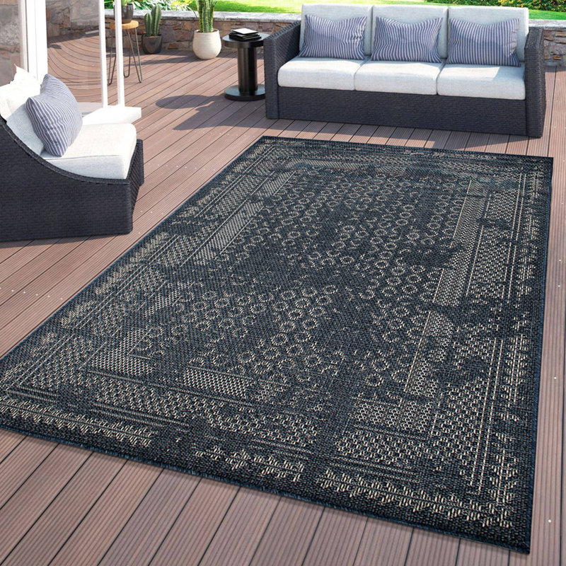 Tapis intérieur / extérieur Bohemian Border bleu / ivoire, Rectangle 5 pi x 7 pi